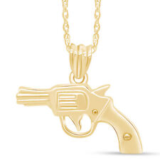 Revolver Gun Pendant Necklace 14K Yellow Gold Plated Sterling Silver picture