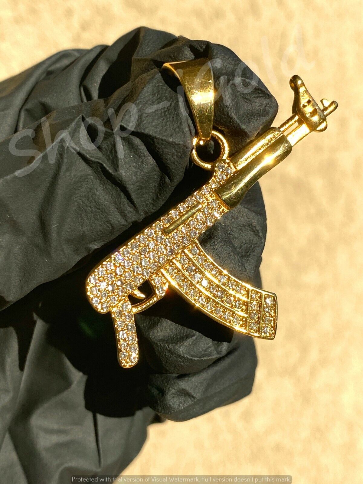 Mens Women 14k Gold Finish Ak-47 Gun Pendant Charm Rope Chain Icy Everyday Wear 