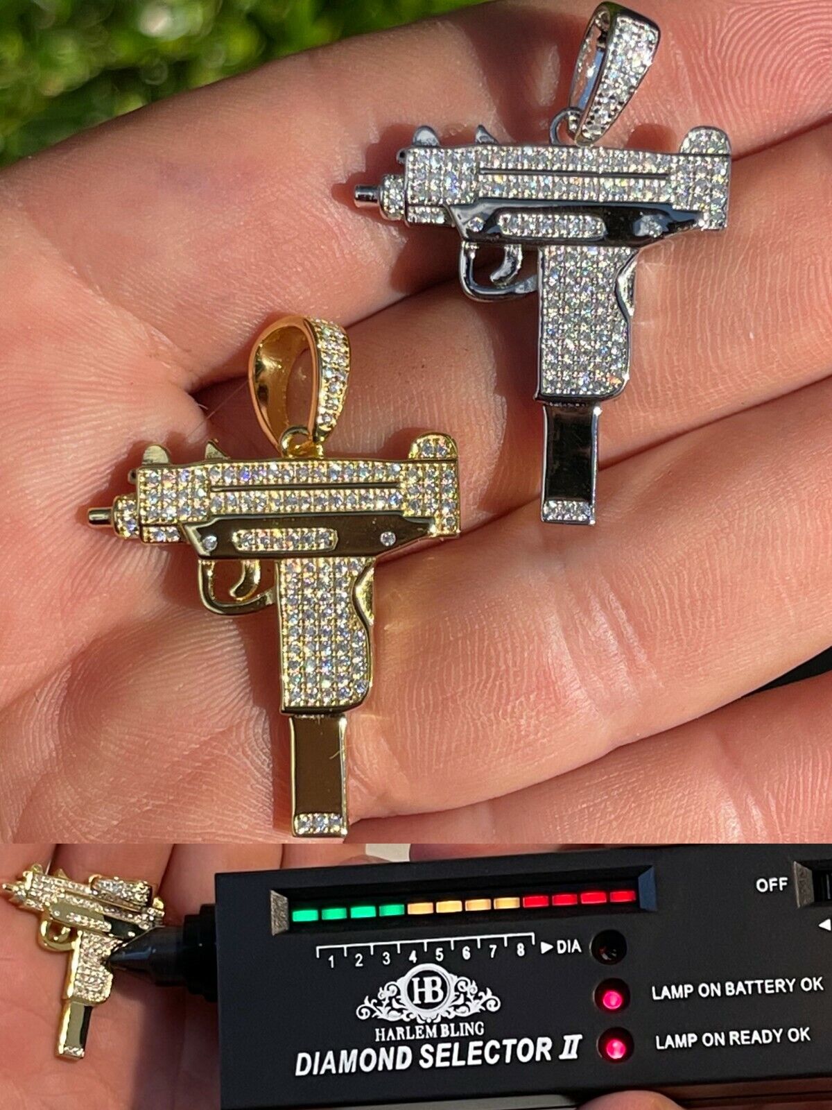 MOISSANITE Real 925 Silver/Gold Plated Uzi Gun Pendant Iced Pass Test Hip Hop