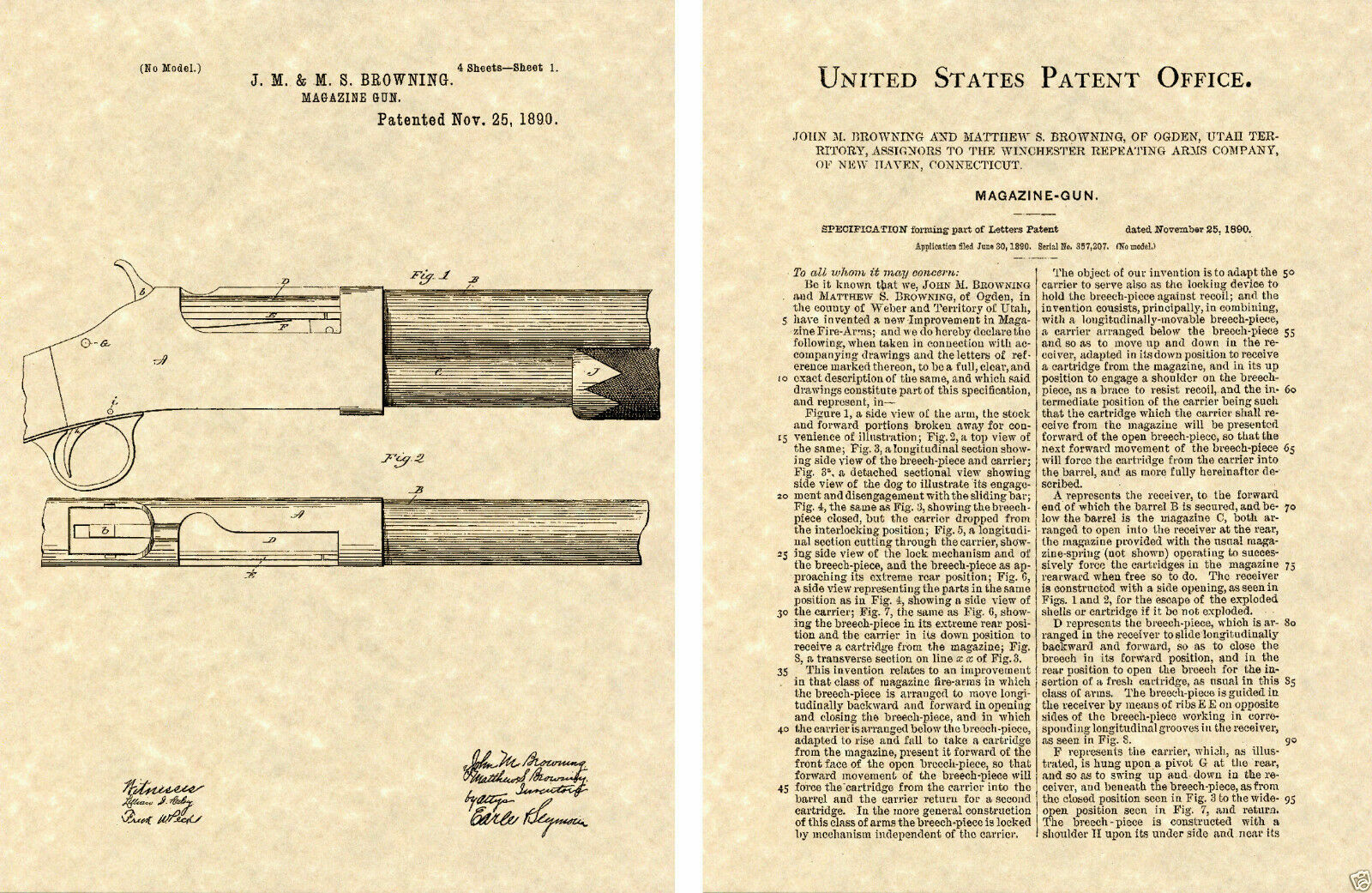 WINCHESTER 1893 PUMP ACTION SHOTGUN PATENT Art Print READY TO FRAME Browning