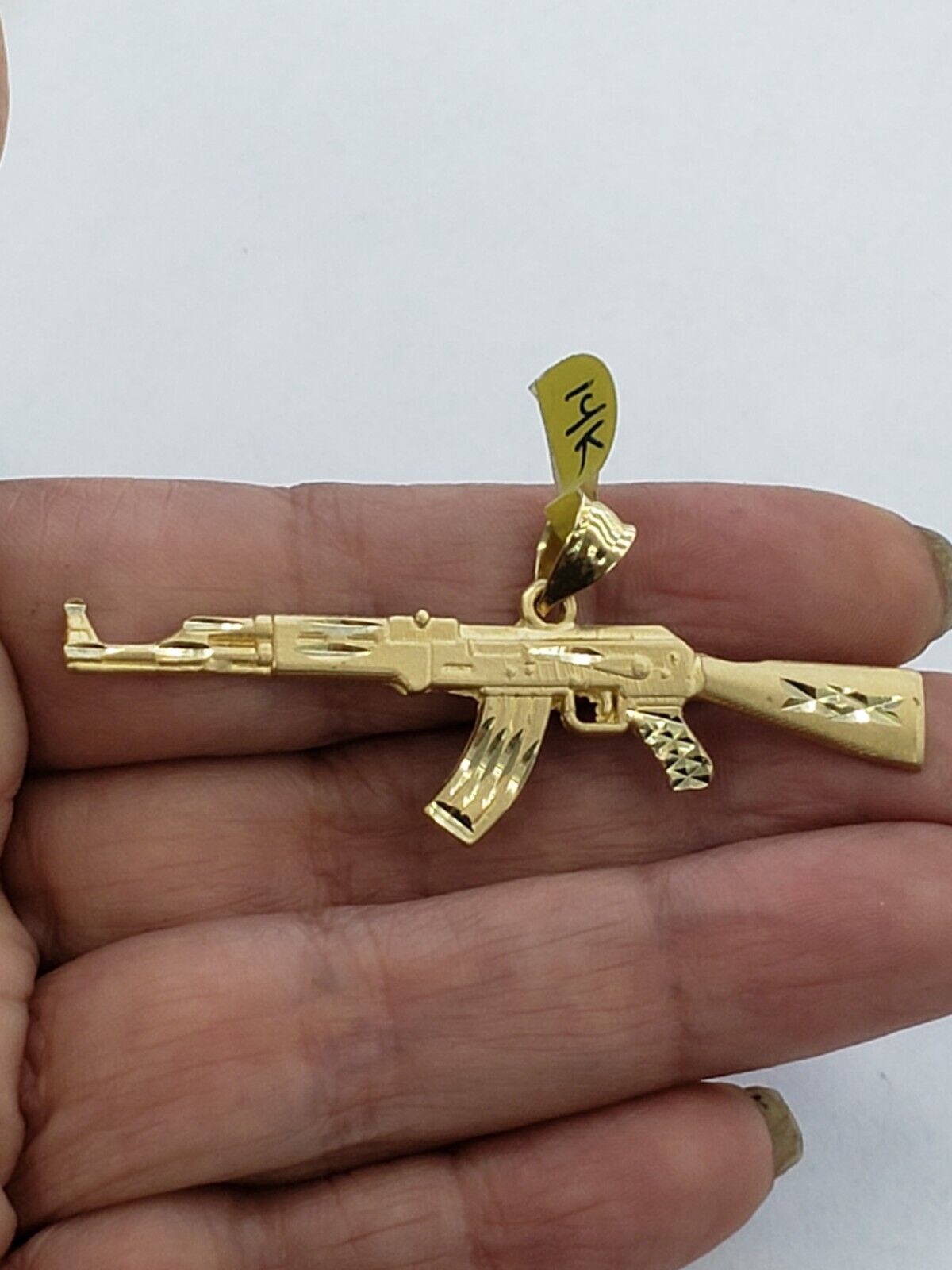 Real solid 14k yellow Gold AK-47 rifle Gun Pendant 2.25 inch wide