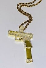 Men Women 14k Gold Finish Icy Gun Glock Iceout Pendant Charm Rope Chain Necklace picture