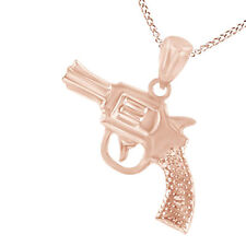 14K Rose Gold Plated Sterling Silver Revolver Pistol Gun Pendant Necklace picture