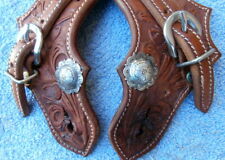 Custom Made Tooled Lined Scalloped Spur Straps w/ Silver Concho picture