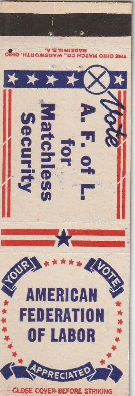 VINTAGE MATCHBOOK COVER. AMERICAN FEDERATION OF LABOR.