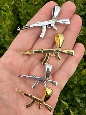 Real Solid 925 Silver / 14k Gold Mens AK47 Gun Rifle Gangster Pendant Necklace picture
