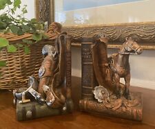 Vintage Western Cowboy Bookends Gun, Holster, Spurs& Horse, Lariat, Concho Resin picture