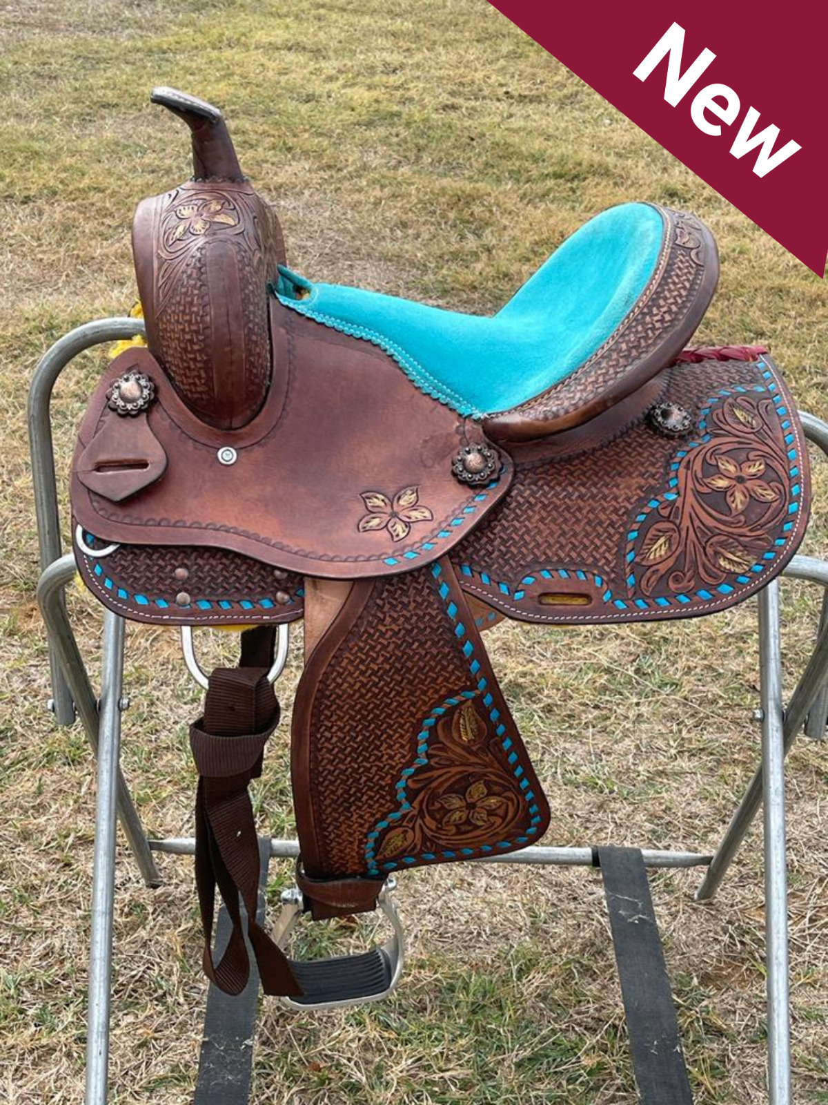 Western Turquoise Kids Barrel Saddle With Floral Tooled, Premium Quality Genuine