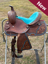 Western Turquoise Youth-Kids Barrel Saddle With Floral Tooled Premium Quality picture