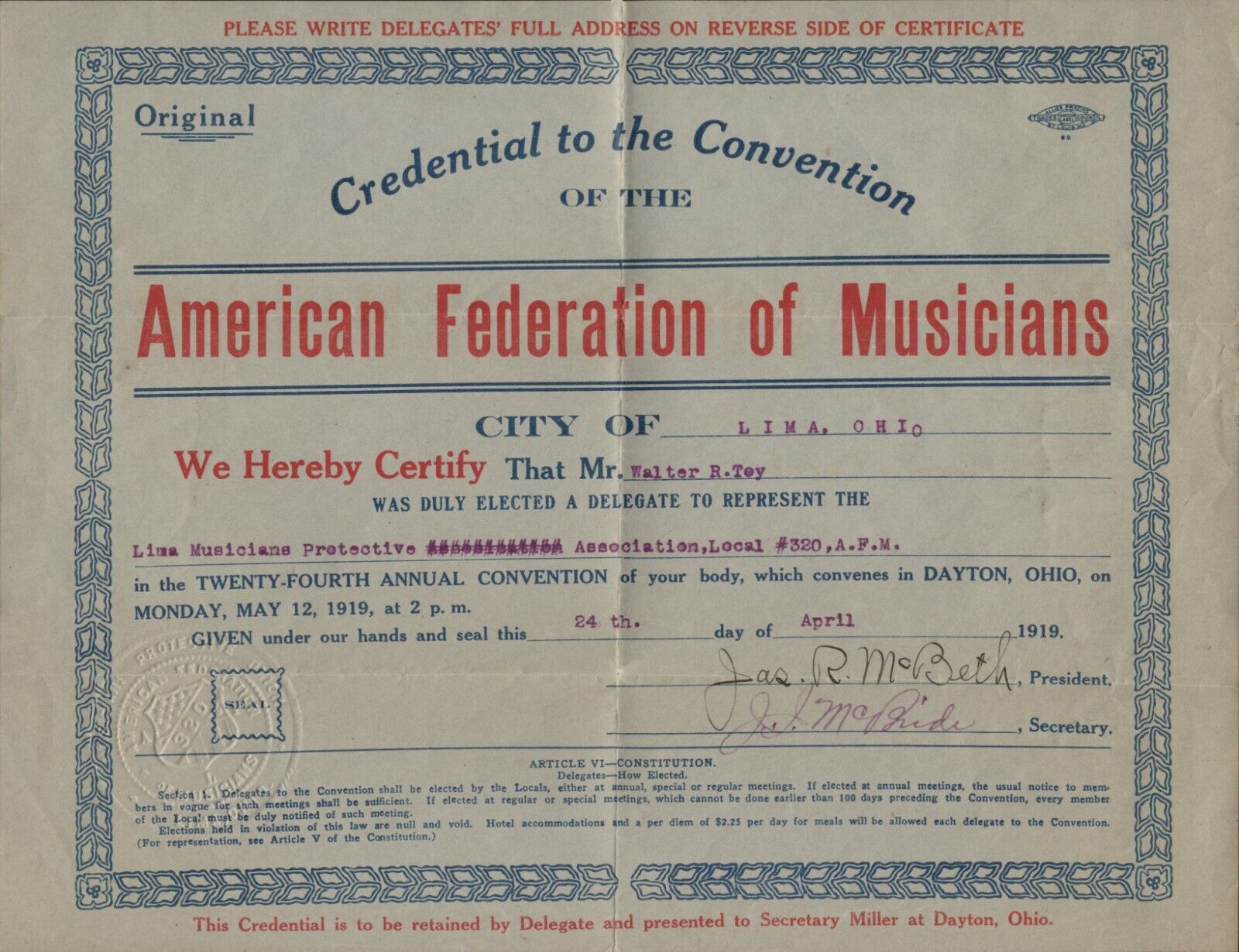 1919 Convention Credential Certificate American Federation of Musicians Union