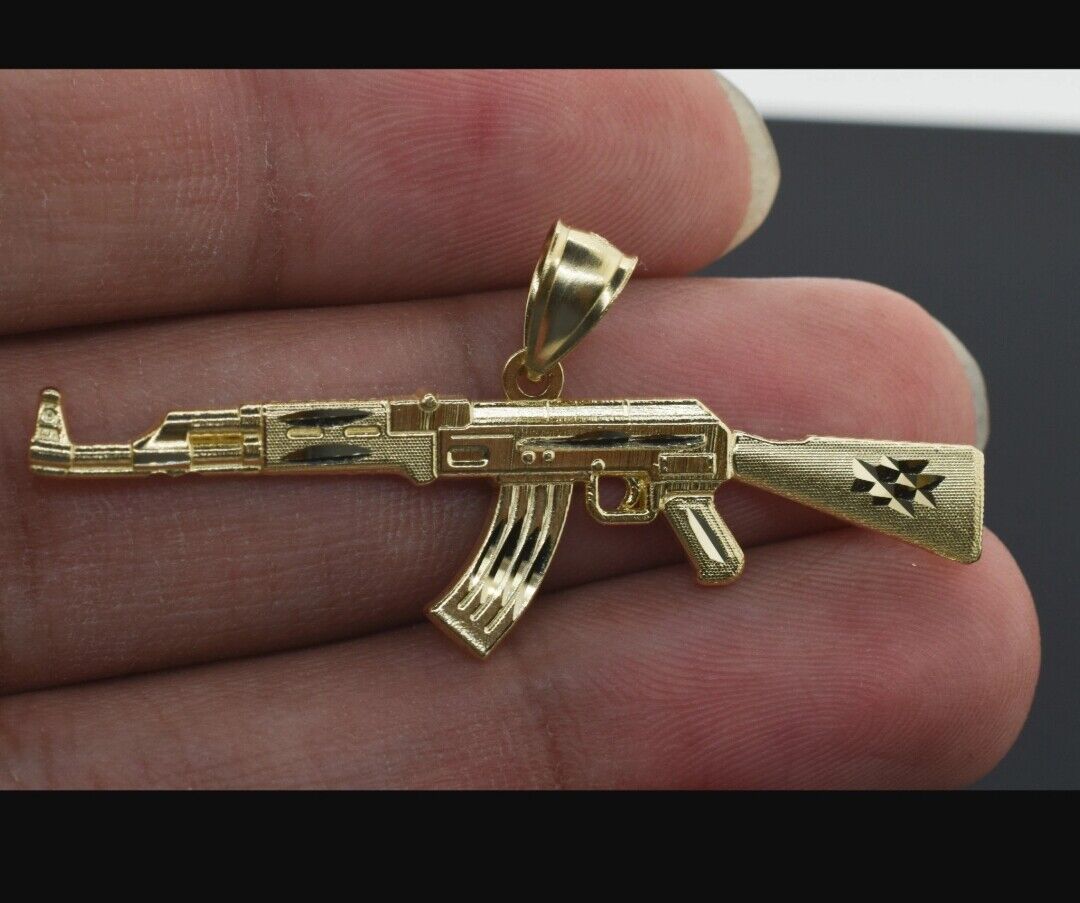 Men\'s 14k Yellow Gold Plated Customized AK47 Raffle Gun Solid Pendant 925 Silver