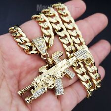 Gold Plated Cubic Zirconia Machine Gun & 14K Stamped Brass Cuban Chain Necklace picture