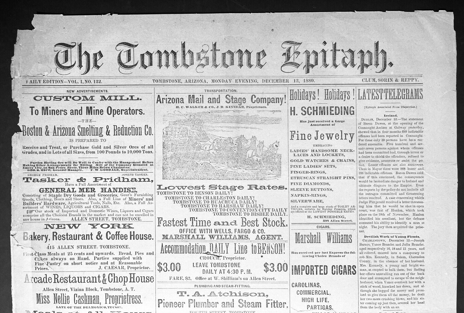 ORIGINAL 1880 “TOMBSTONE EPITAPH” TERRITORIAL ARIZONA WILD WEST NEWSPAPER