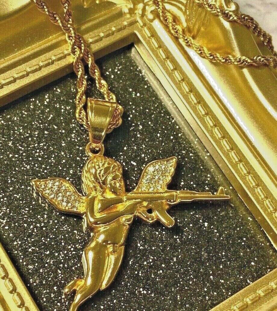 Men's 14k Gold Small Baby Cupid Love Angel Wings Gun Pendant Rope Chain Necklace