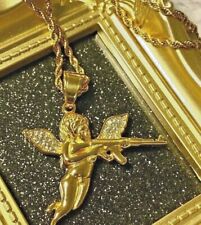 Men's 14k Gold Small Baby Cupid Love Angel Wings Gun Pendant Rope Chain Necklace picture