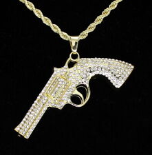 Mens Revolver Gun Pistol CZ Pendant 14k Gold Plated 24