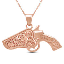 Revolver Pistol Gun Holster Pendant Necklace 14K Rose Gold Plated Sterling Silve picture