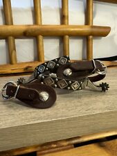 Vintage Silver Western Engraved Cowboy Boot Iron Spurs With Leather Straps picture