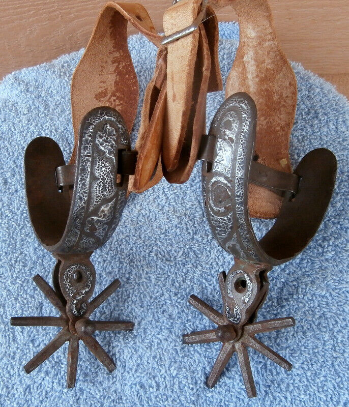 2 Old Antique Iron Silver Mexican Spurs Leather Straps Close in Size Not a pair