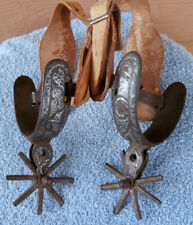 2 Old Antique Iron Silver Mexican Spurs Leather Straps Close in Size Not a pair picture