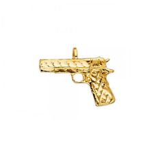 14K Solid Yellow Gold Pistol Gun Pendant - Handgun Firearm Necklace Charm Men picture