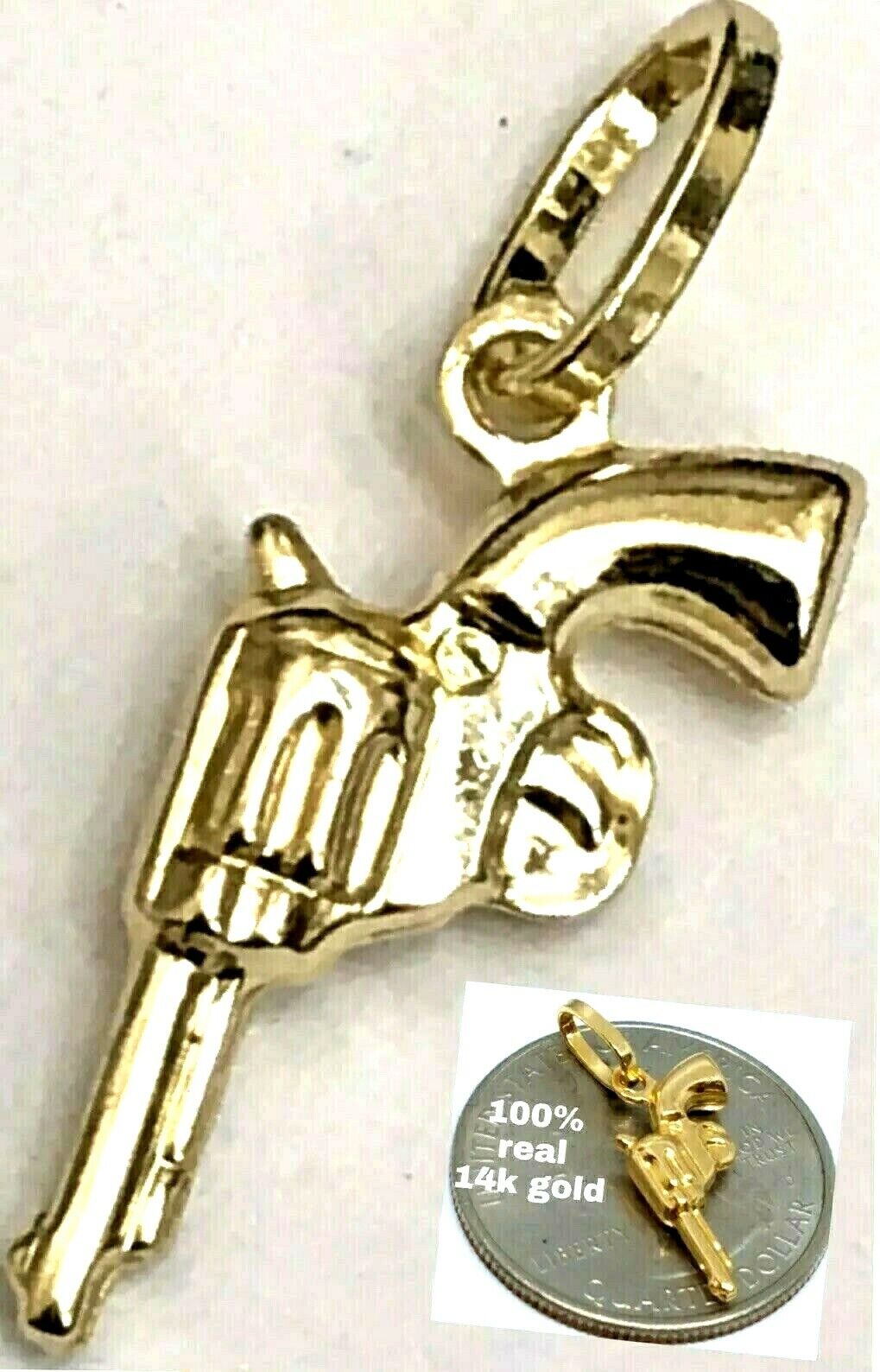 GOLd 14k Gun Handgun Revolver Pistol Charm Pendant necklace colt weapon 1” Small
