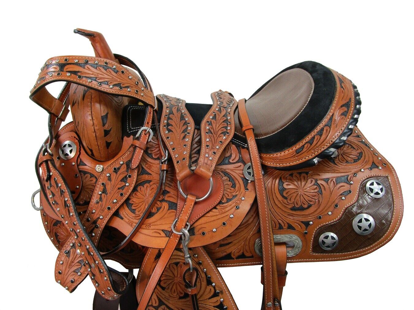 GAITED WESTERN HORSE SADDLE USED LEATHER TOOLED PLEASURE TRAIL TACK 15 16 17 SET