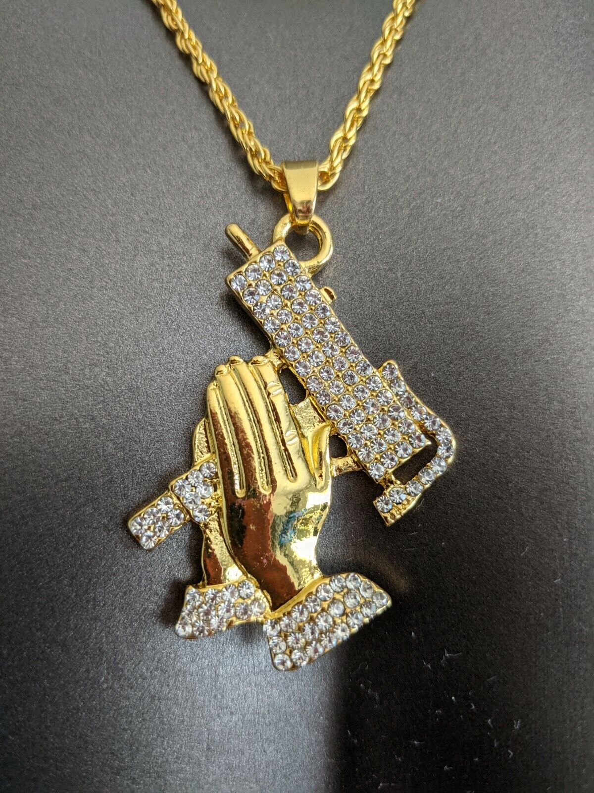 14k Gold Plated Iced Gang Bling Uzi Machine Gun Prayer Hands Rope Chain Necklace