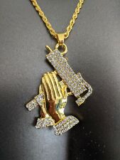 14k Gold Plated Iced Gang Bling Uzi Machine Gun Prayer Hands Rope Chain Necklace picture