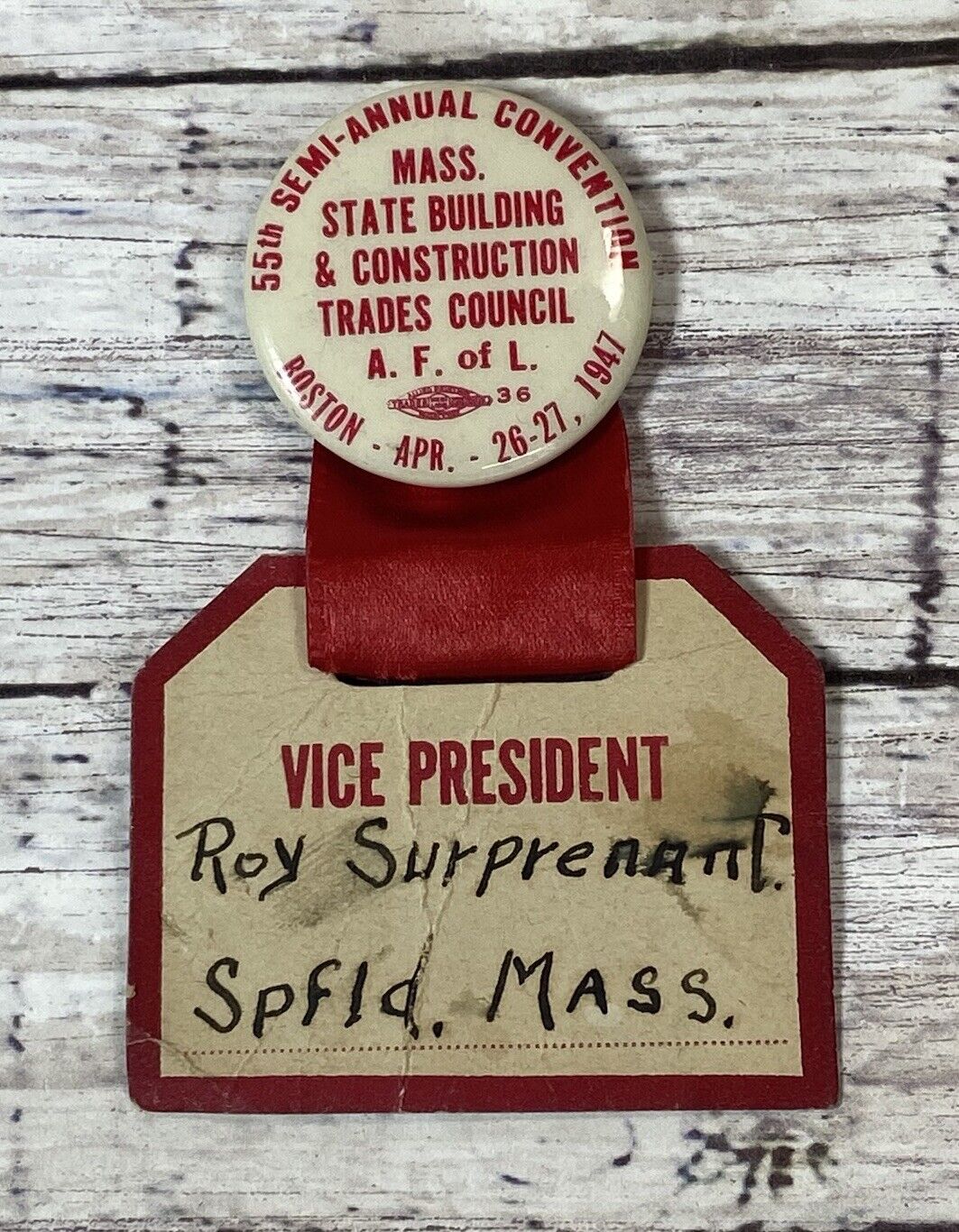 VTG AFOL American Federation Of Labor Massachusetts Convention 1947 Pin Badge